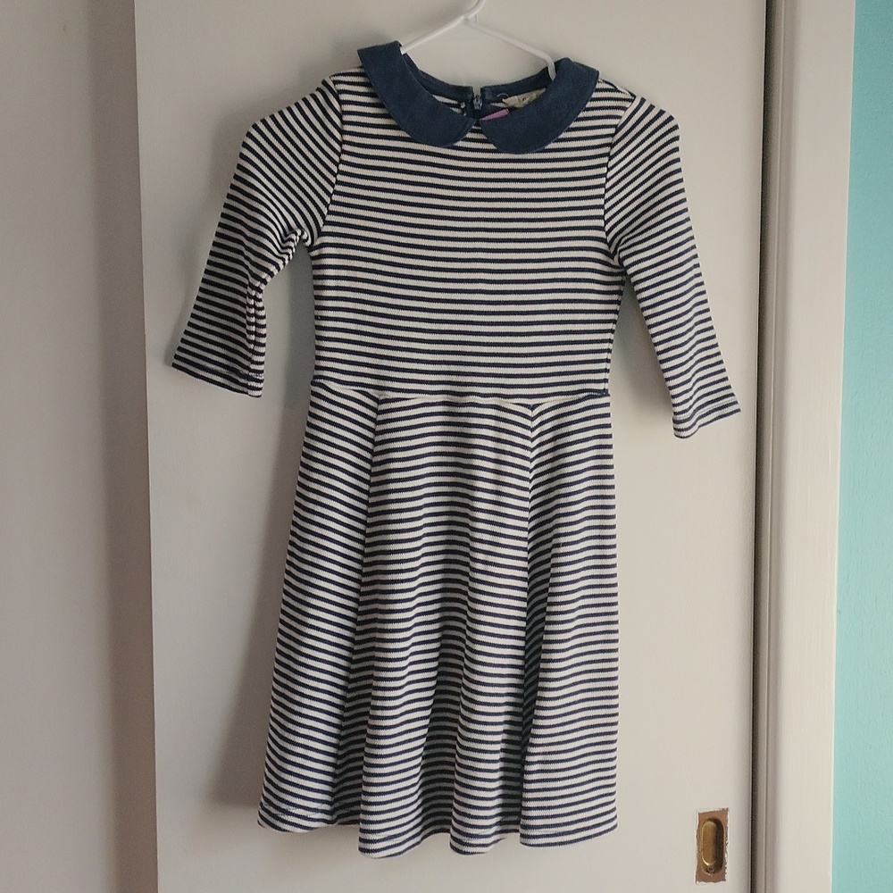 Mini Boden Navy and White Striped Dress with Peter Pan Collar